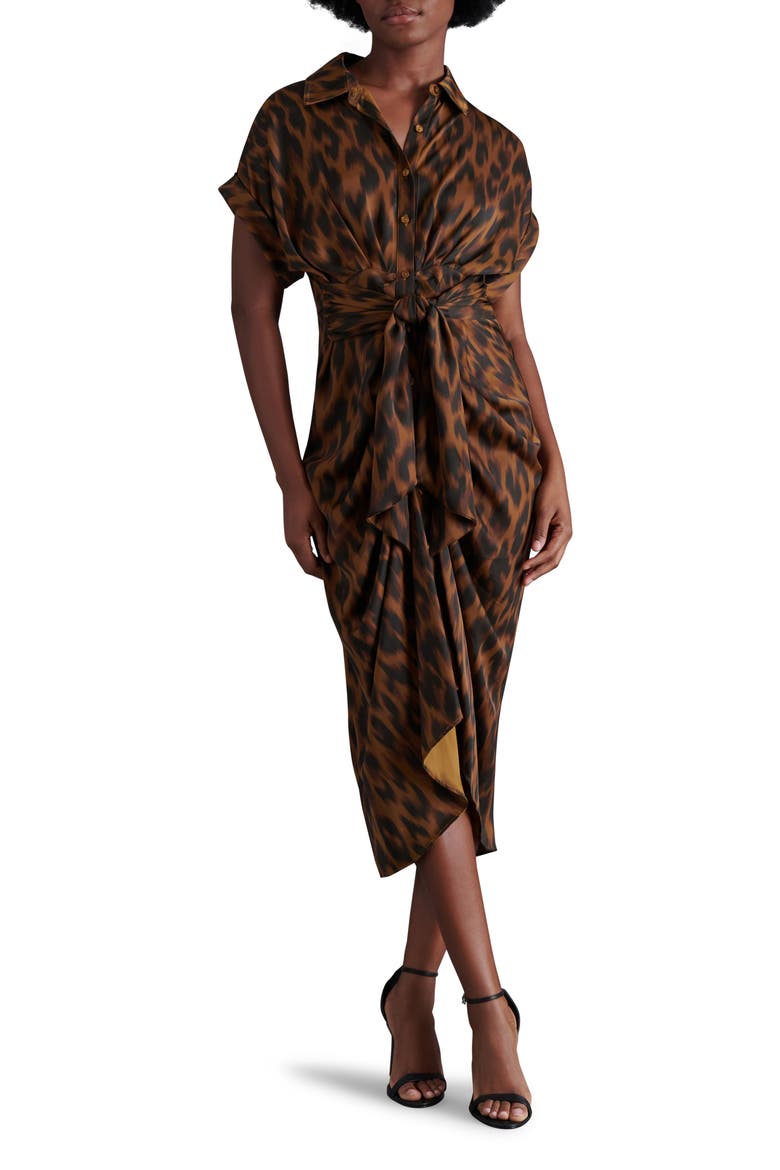 Tori Leopard Print Washed Satin Shirtdress, Main, color, TOFFEE