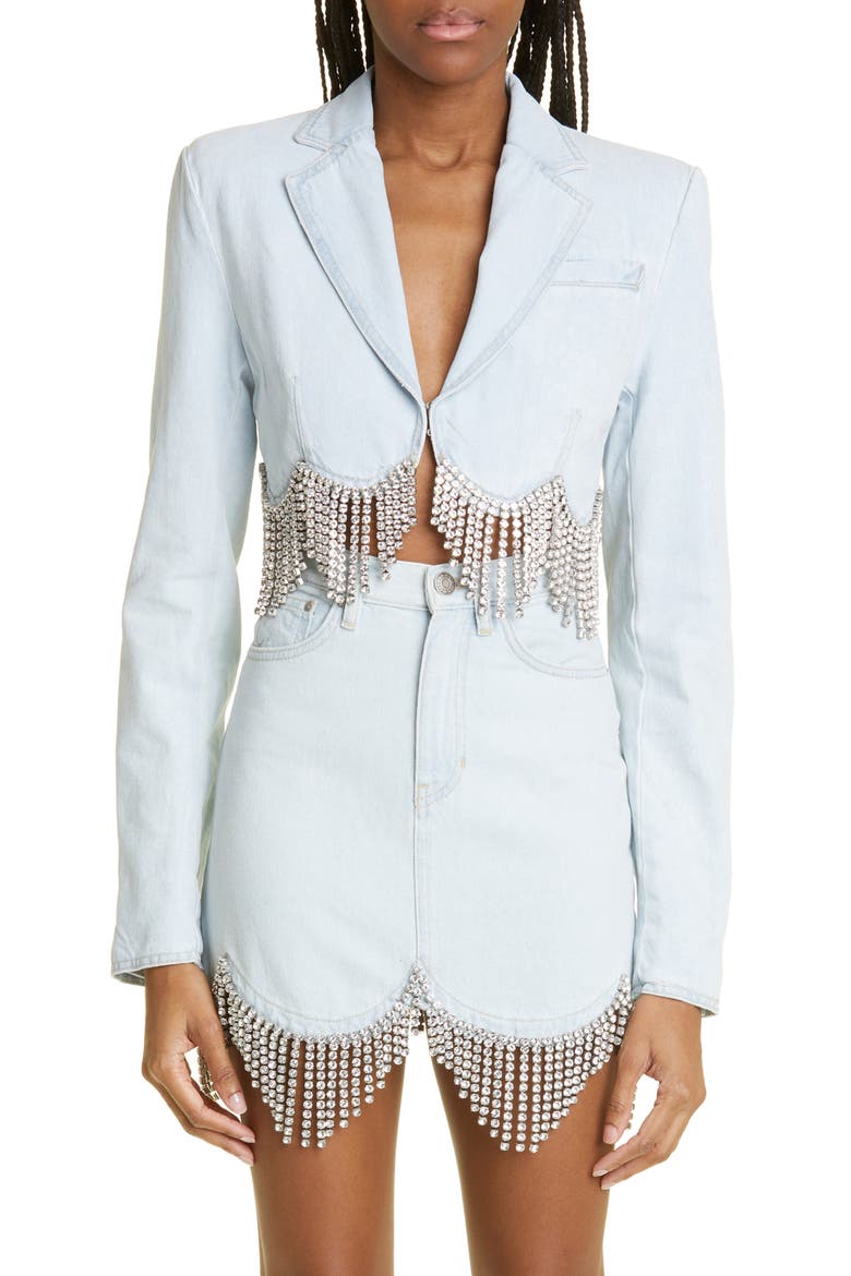 Crystal Embellished Crop Scallop Hem Denim Blazer, Main, color, PALE BLUE