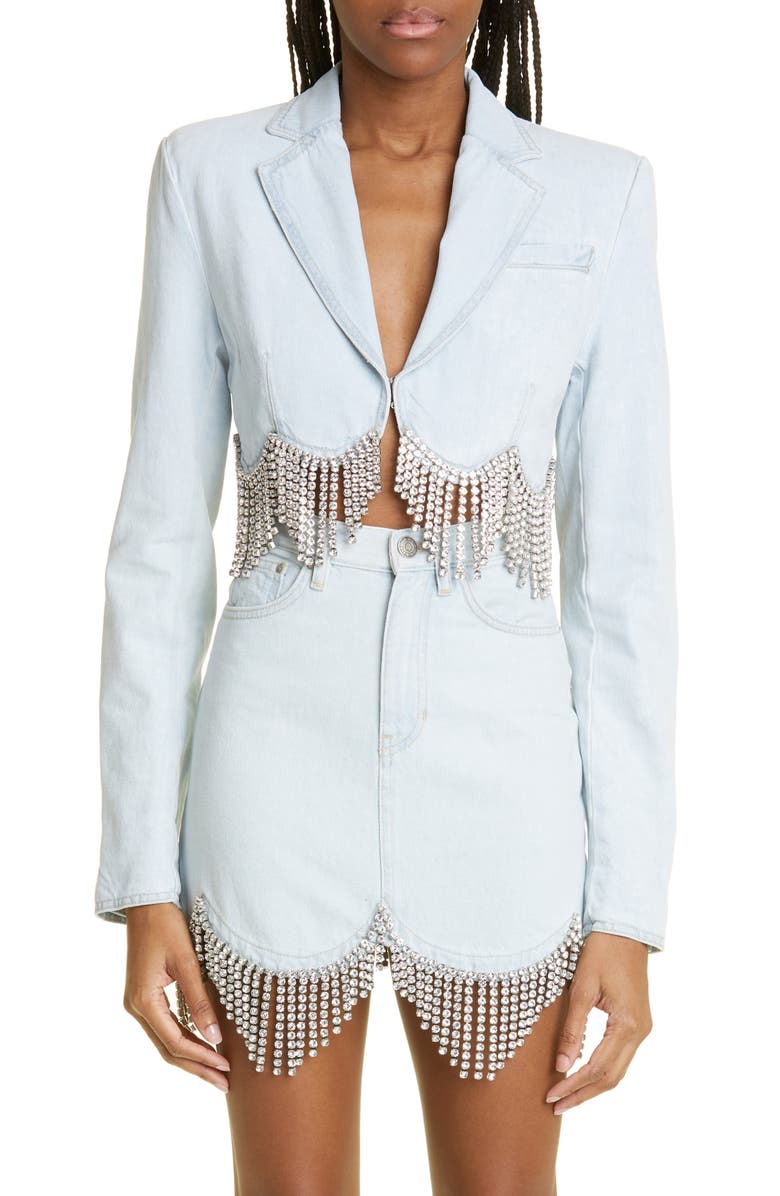 Area Crystal Embellished Crop Scallop Hem Denim Blazer, Main, color, 