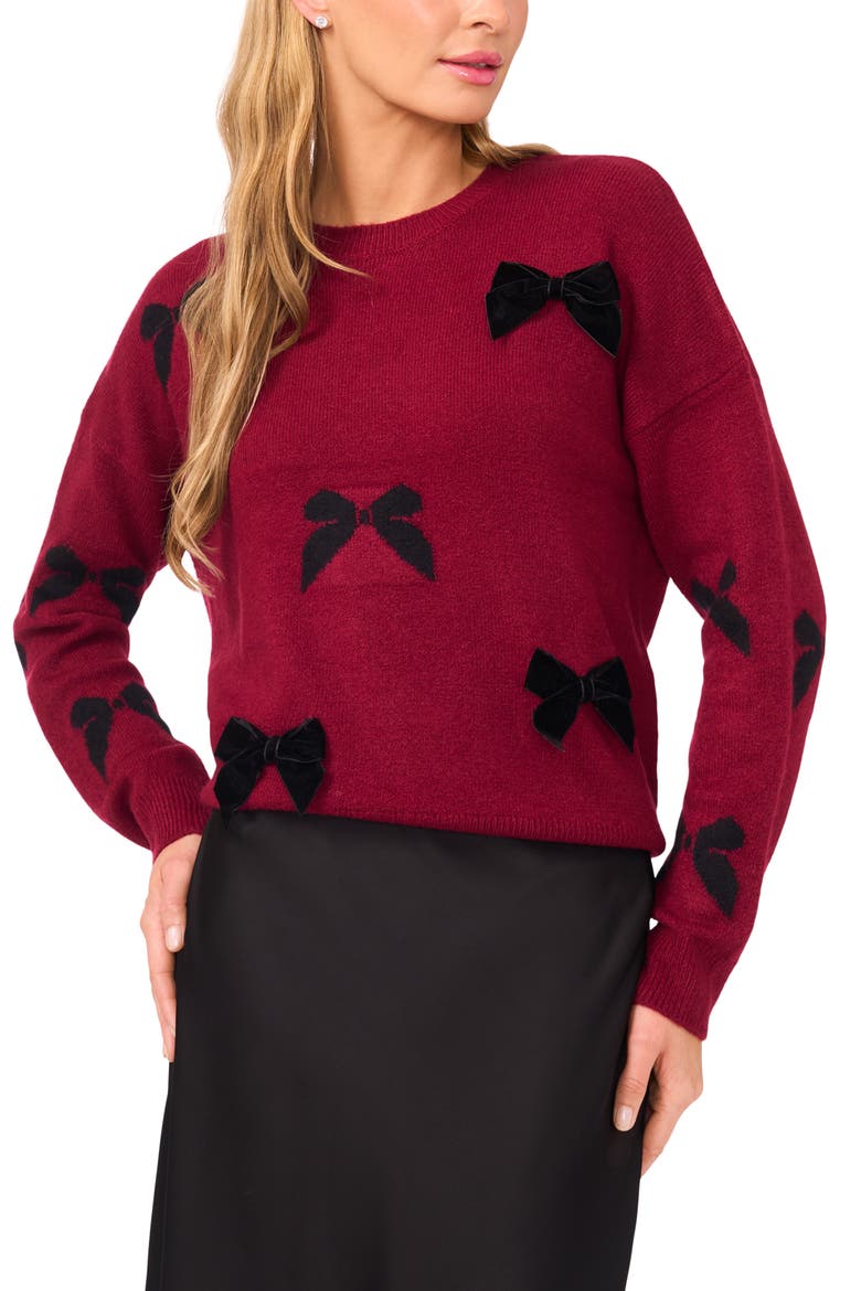 Bow Crewneck Sweater, Main, color, DEEP MERLOT