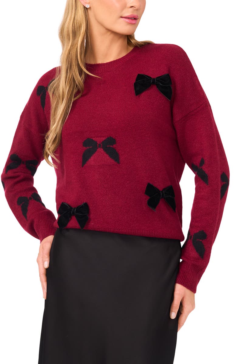 CeCe Bow Crewneck Sweater, Main, color, Deep Merlot