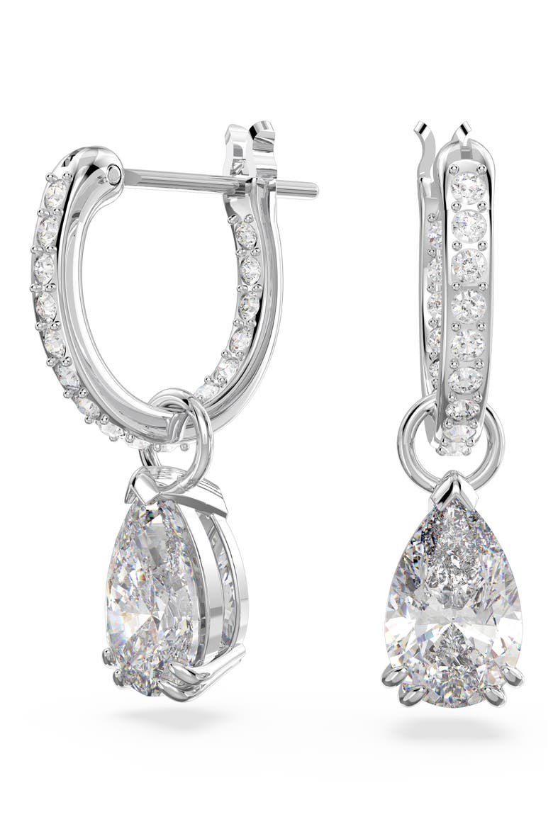 Millenia Pear Crystal Drop Huggie Hoop Earrings, Main, color, SILVER