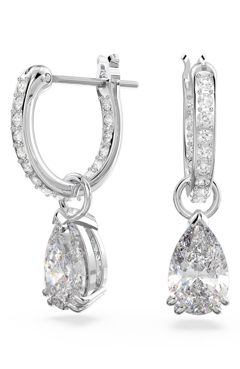 Swarovski Millenia Pear Crystal Drop Huggie Hoop Earrings, Main, color, Silver