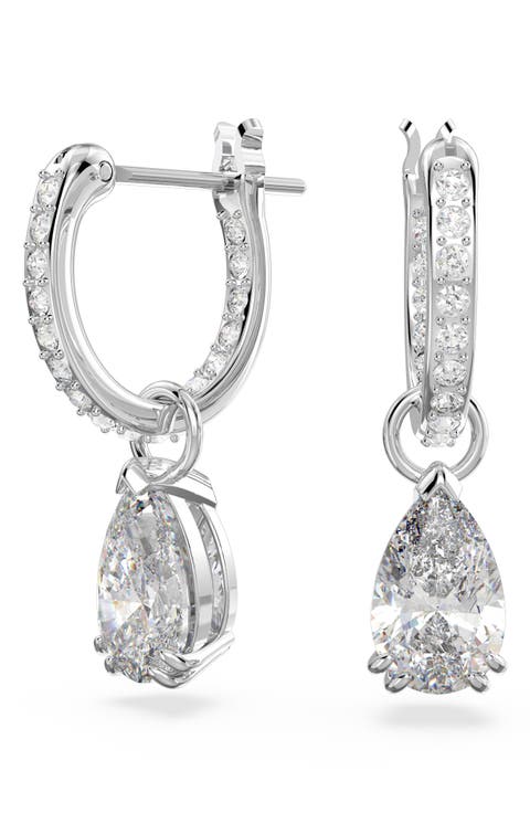 Millenia Pear Crystal Drop Huggie Hoop Earrings