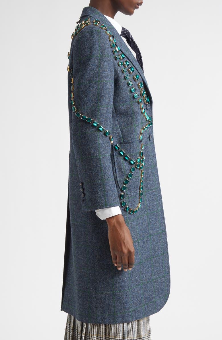 Thom Browne Windowpane Hunting Tweed Trompe L'Oiel Swarovski Crystal Long Jacket, Alternate, color,
