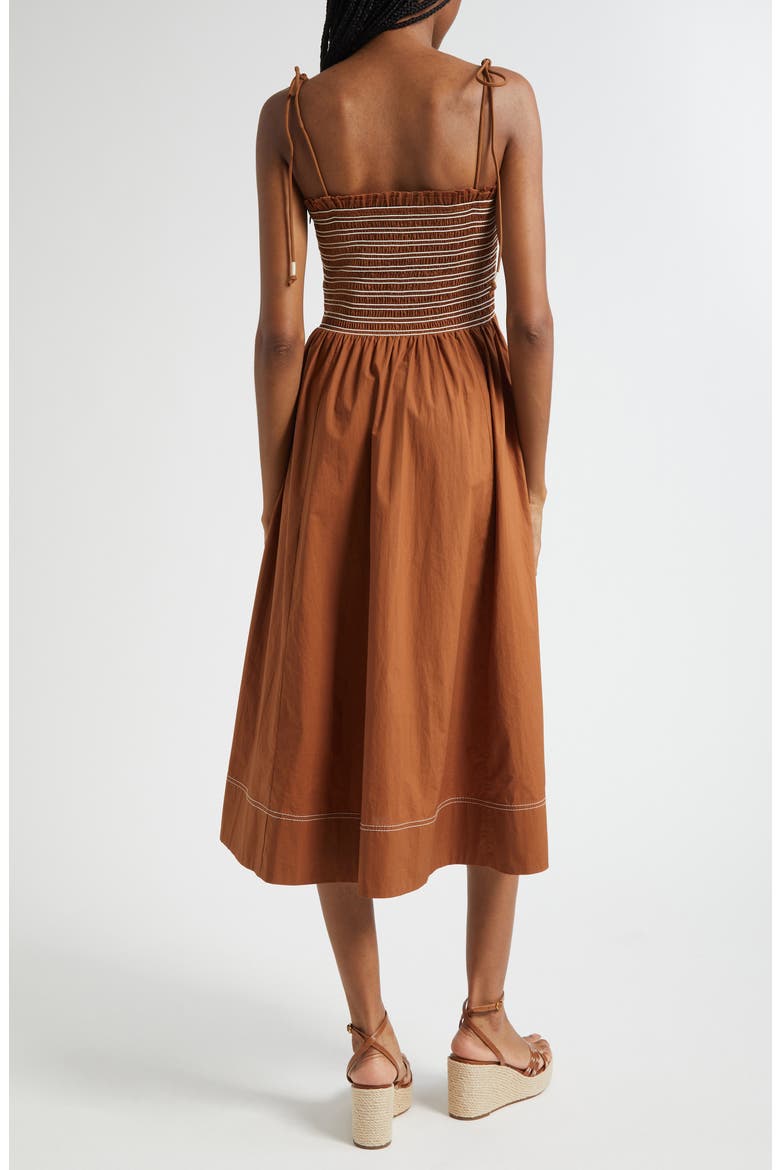 Kaela Smocked Tie Strap Midi Dress, Alternate, color, WHISKY