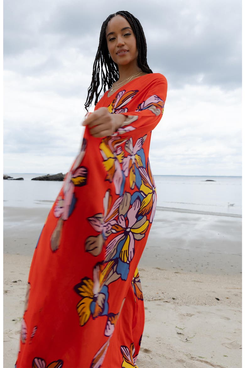 Floral Cover-Up Kaftan, Alternate, color, RED