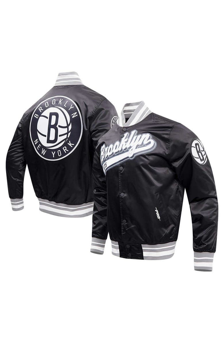 PRO STANDARD Men's Pro Standard Black Brooklyn Nets Script Tail Full-Snap Satin Varsity Jacket, Alternate, color, 
