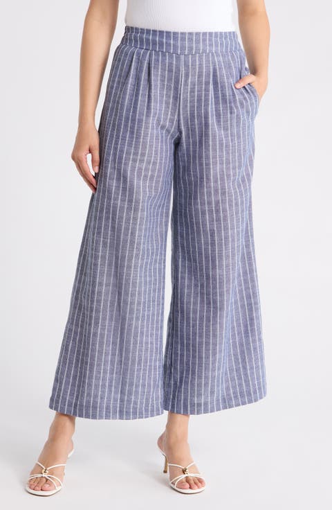 Stripe Linen & Cotton Wide Leg Pants