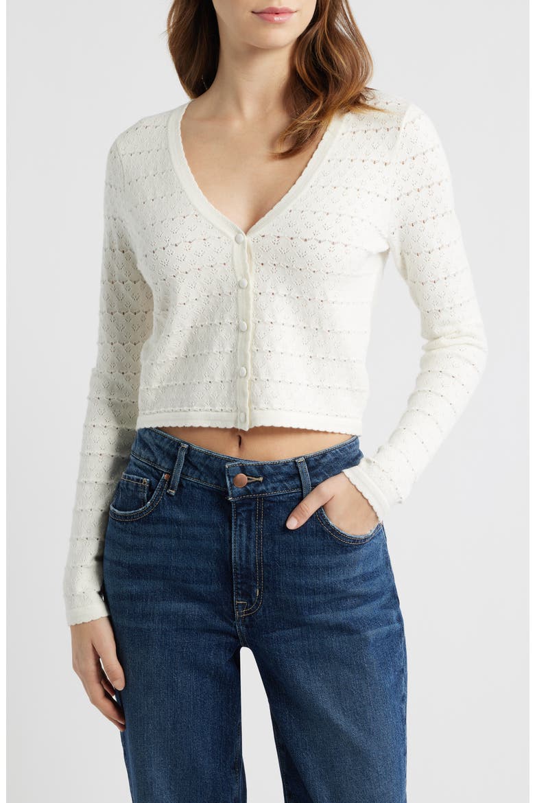 Pointelle V-Neck Crop Cardigan, Main, color, IVORY