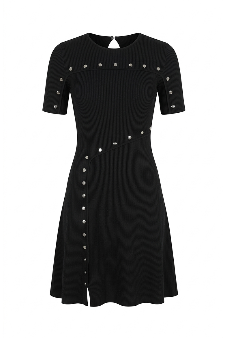 Ribbed Knit Mini Dress with Stud Detail and Asymmetric Seam, Alternate, color, Black