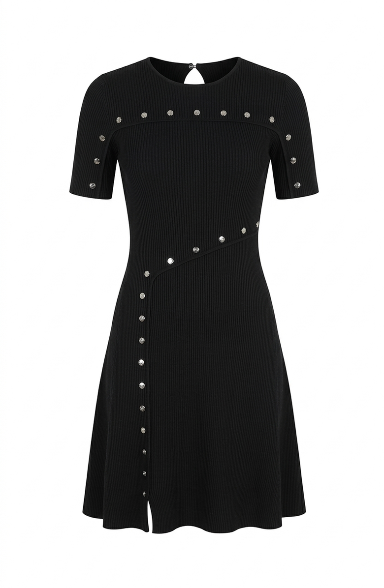 Modenaire Ribbed Knit Mini Dress with Stud Detail and Asymmetric Seam, Alternate, color, Black
