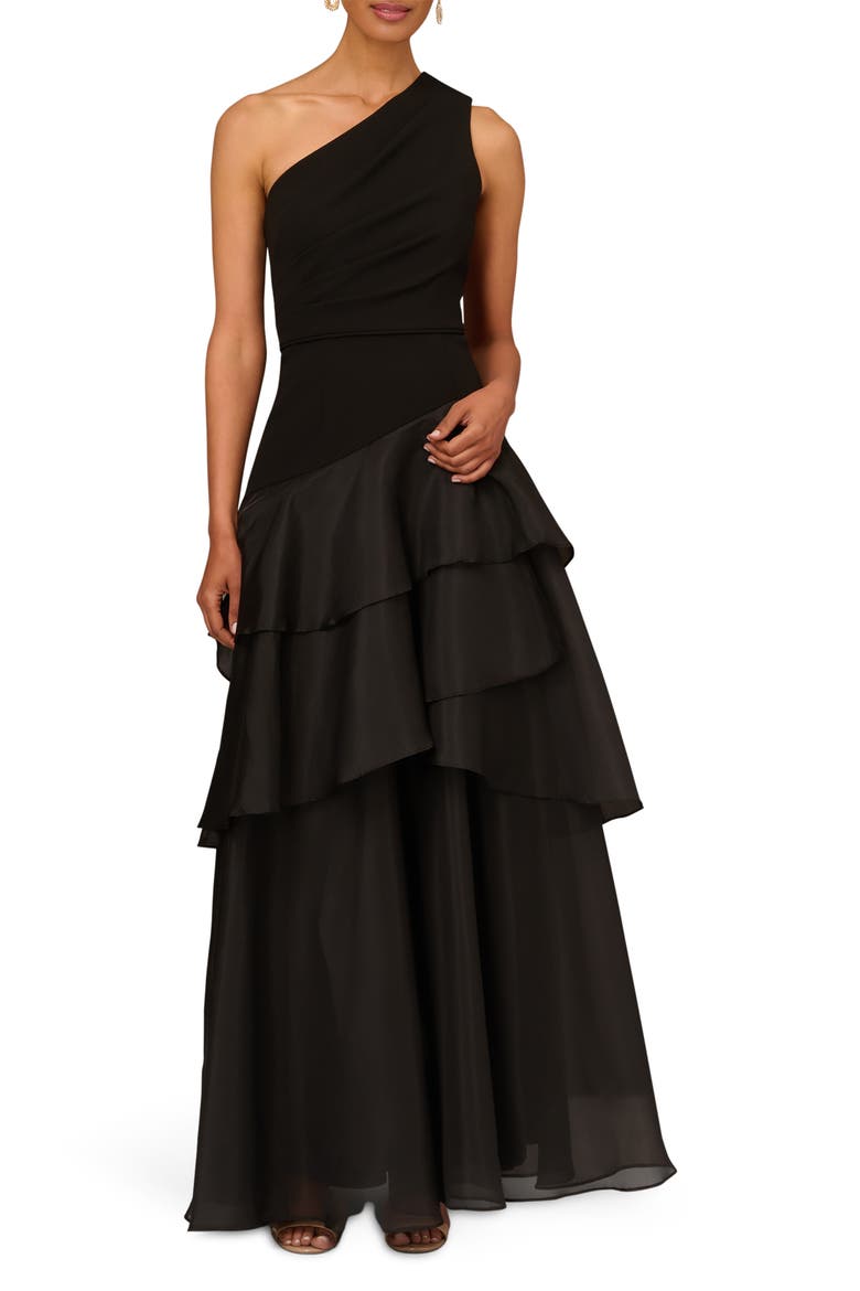 Tiered One-Shoulder Ballgown, Main, color, BLACK
