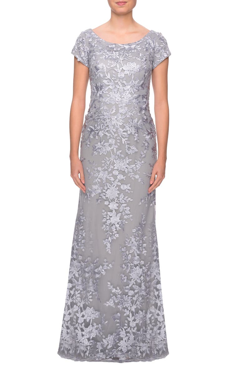 La Femme Lace A-Line Gown, Main, color, 