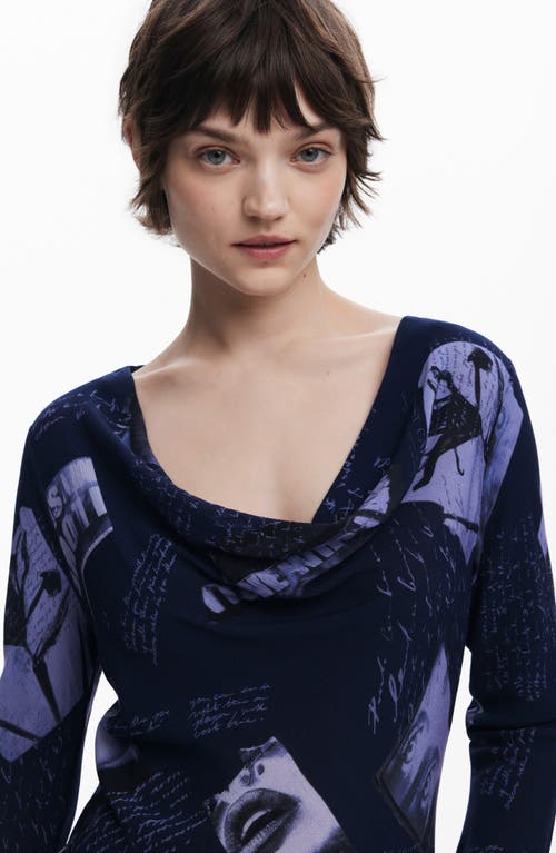 Desigual Print Cowl Neck Top In Dark Blue