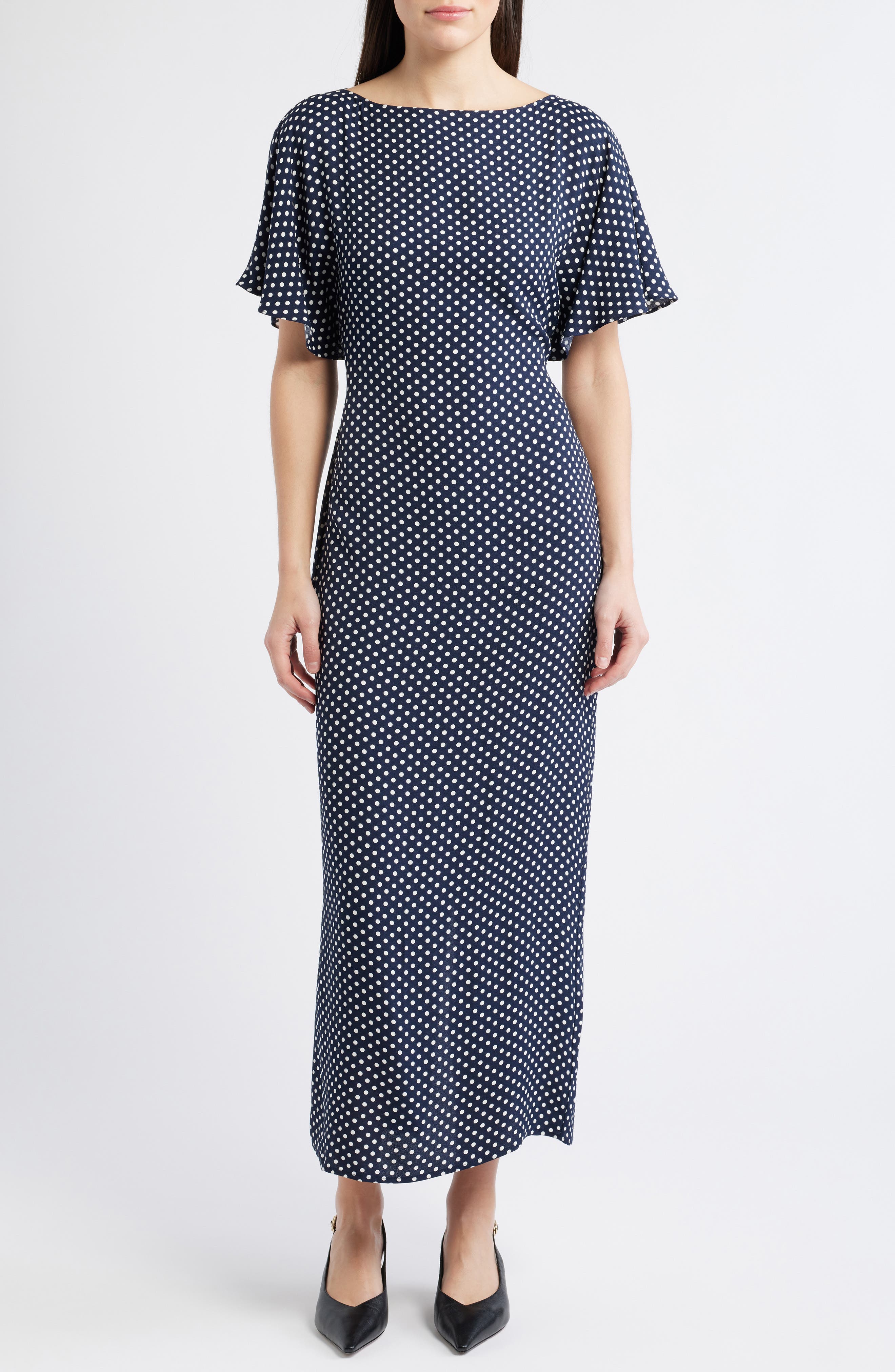 Maeva Polka Dot Flutter Sleeve Midi Dress