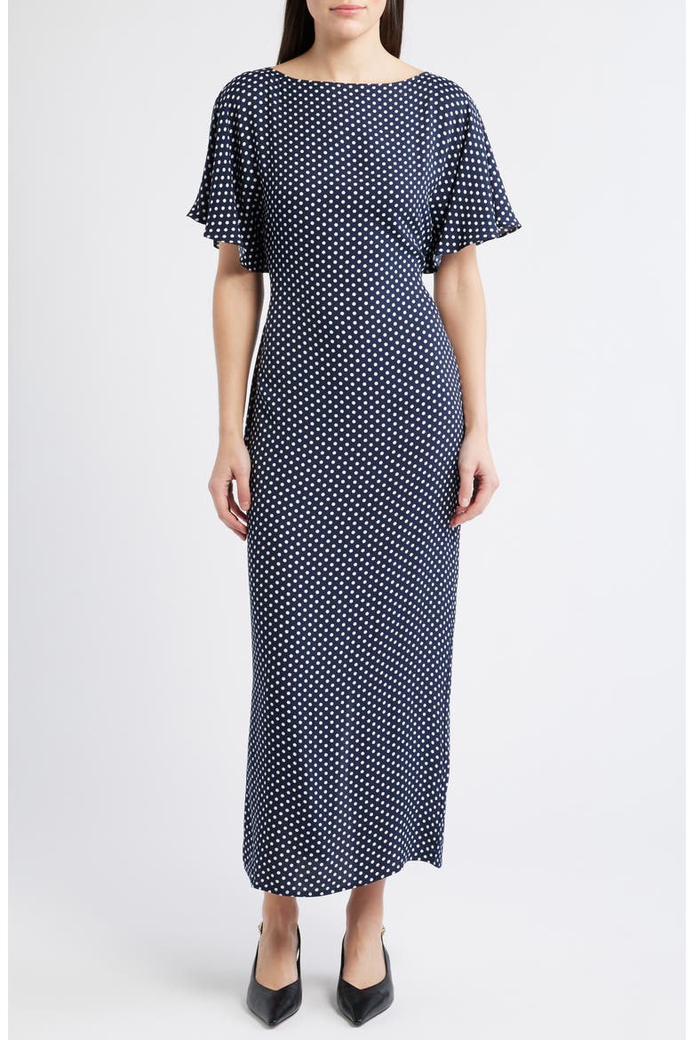 Maeva Polka Dot Flutter Sleeve Midi Dress, Main, color, DREAM DOT
