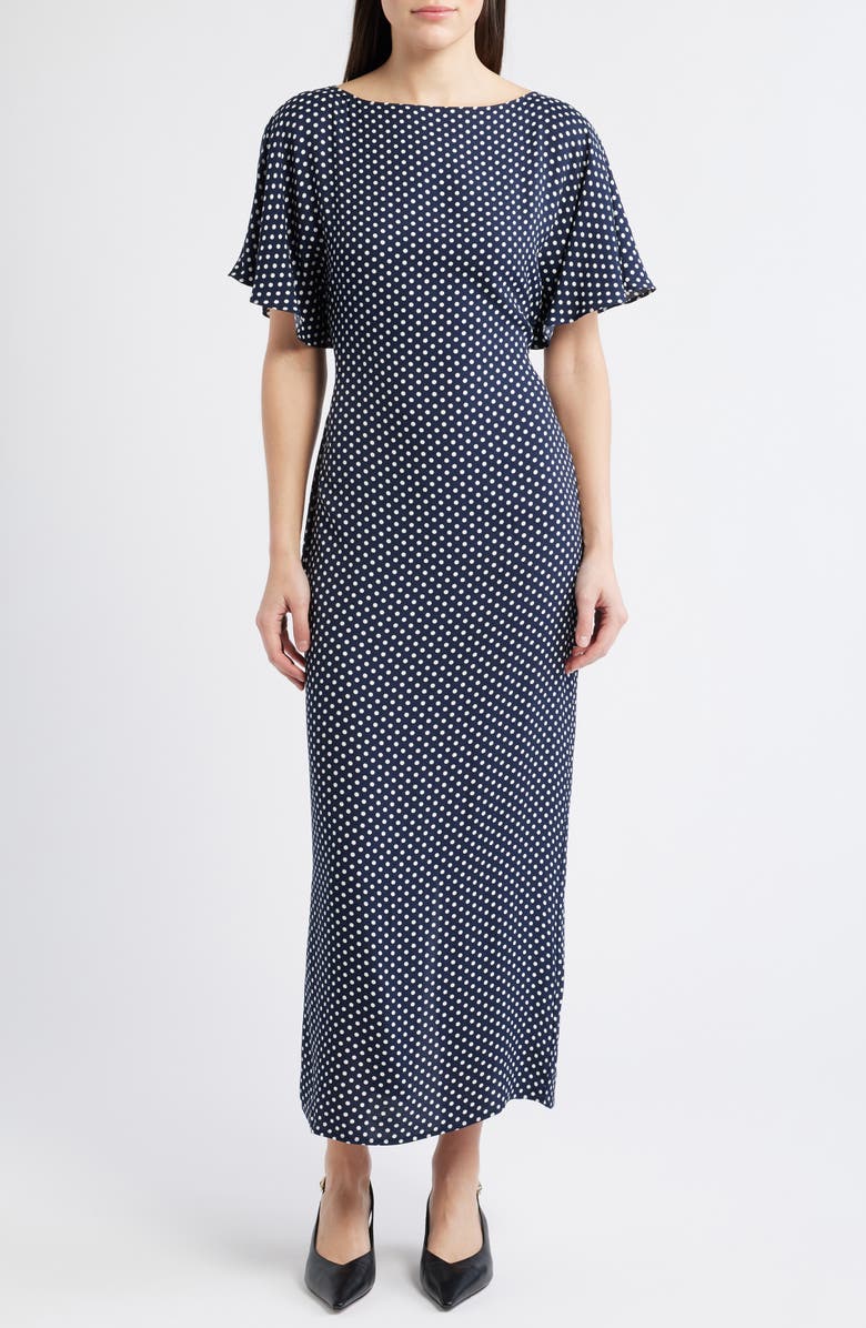 Reformation Maeva Polka Dot Flutter Sleeve Midi Dress, Main, color, Dream Dot