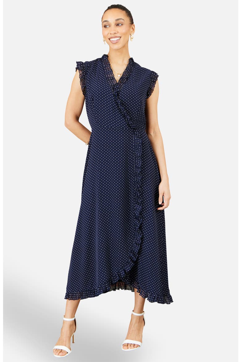 Polka Dot Midi Wrap Dress, Main, color, Navy