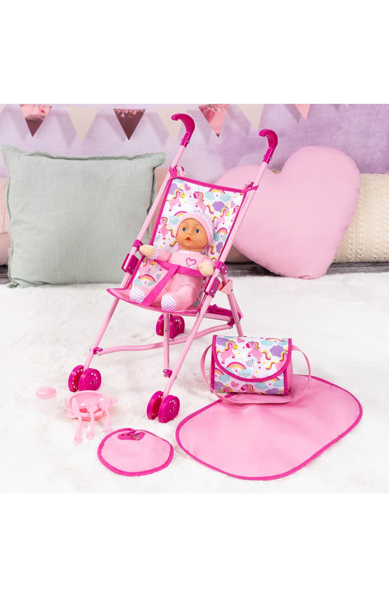 Bayer Design Buggy Umbrella Stroller Doll Set Pink Unicorn, Rainbows, Alternate, color, Pink