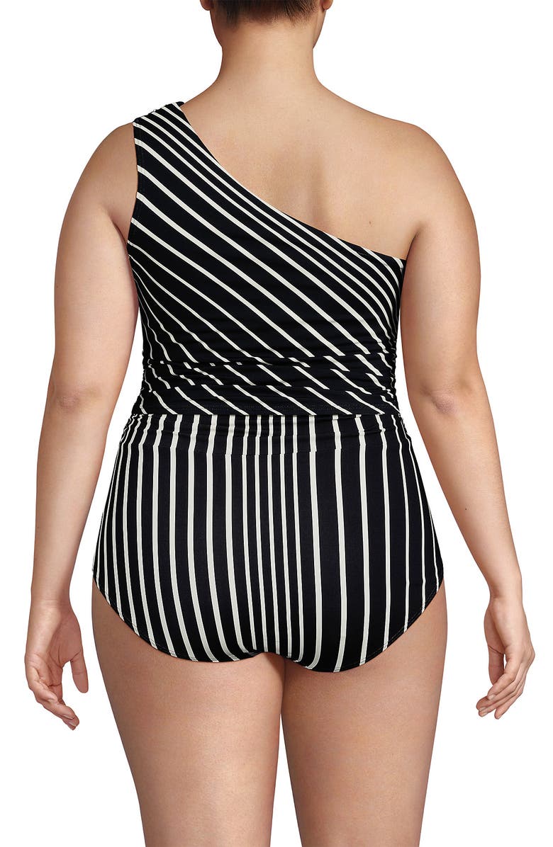 Lands' End Ruched One Shoulder Midkini Swimsuit Top, Alternate, color, Black/Egret Variegated Stripe