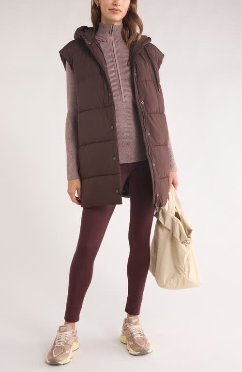 Zella Longline Hooded Puffer Vest In Brown