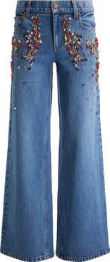 Alice + Olivia Amazing Crystal Detail Baggy Wide Leg Jeans