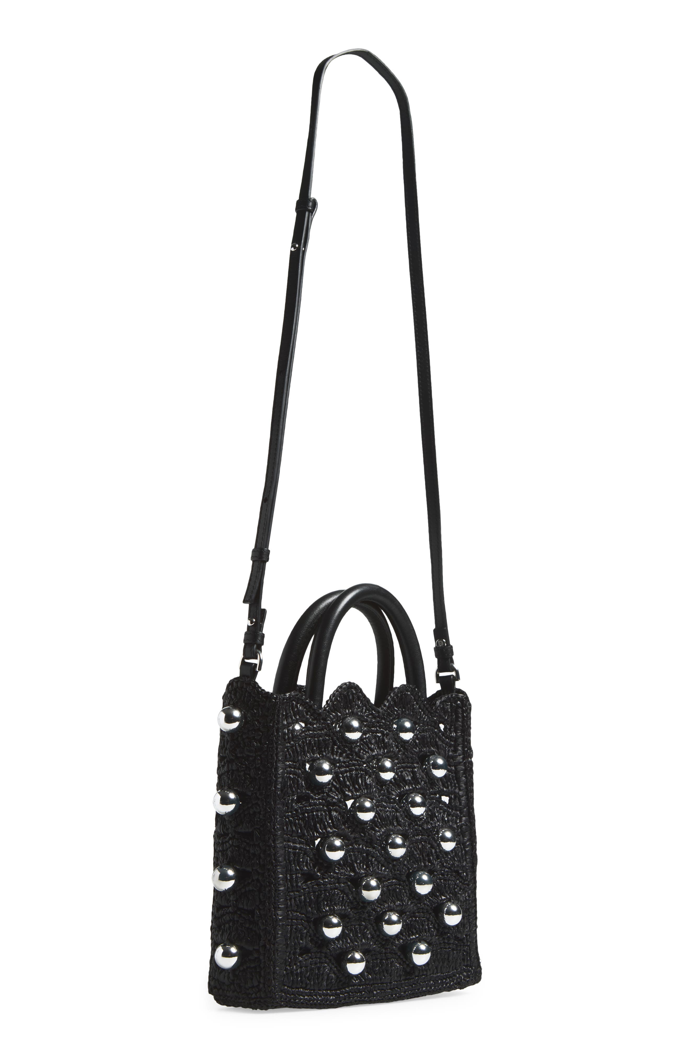 Small Raffia Tote Bag, Alternate, color, BLACK / SILVER