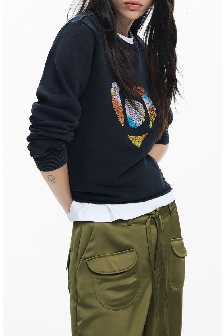 Heart Embroidered Cotton Graphic Sweatshirt, Main, color, BLACK