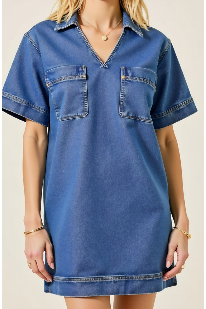 Denim Mini Short Sleeve Chest Patch Pocket Shirt Dress, Alternate, color, Blue