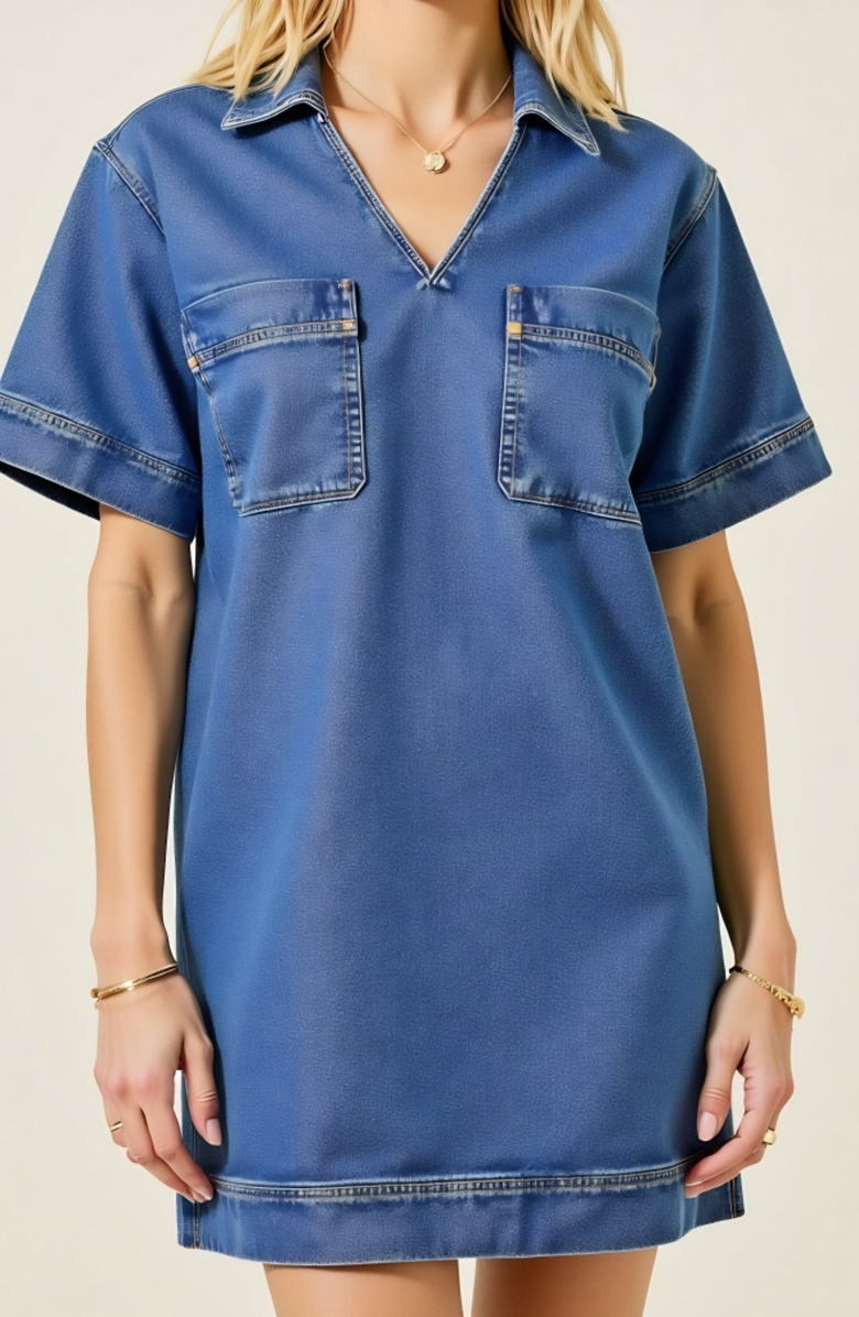 Modenaire Denim Mini Short Sleeve Chest Patch Pocket Shirt Dress, Alternate, color, Blue