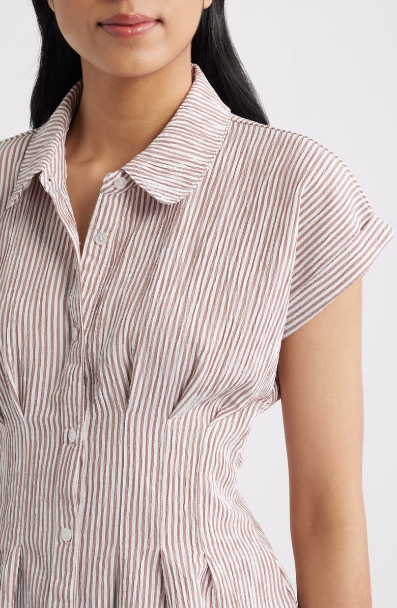 Bobeau Pleat Stripe Button-Up Shirt, Alternate, color, Cream/ Brandy Brown