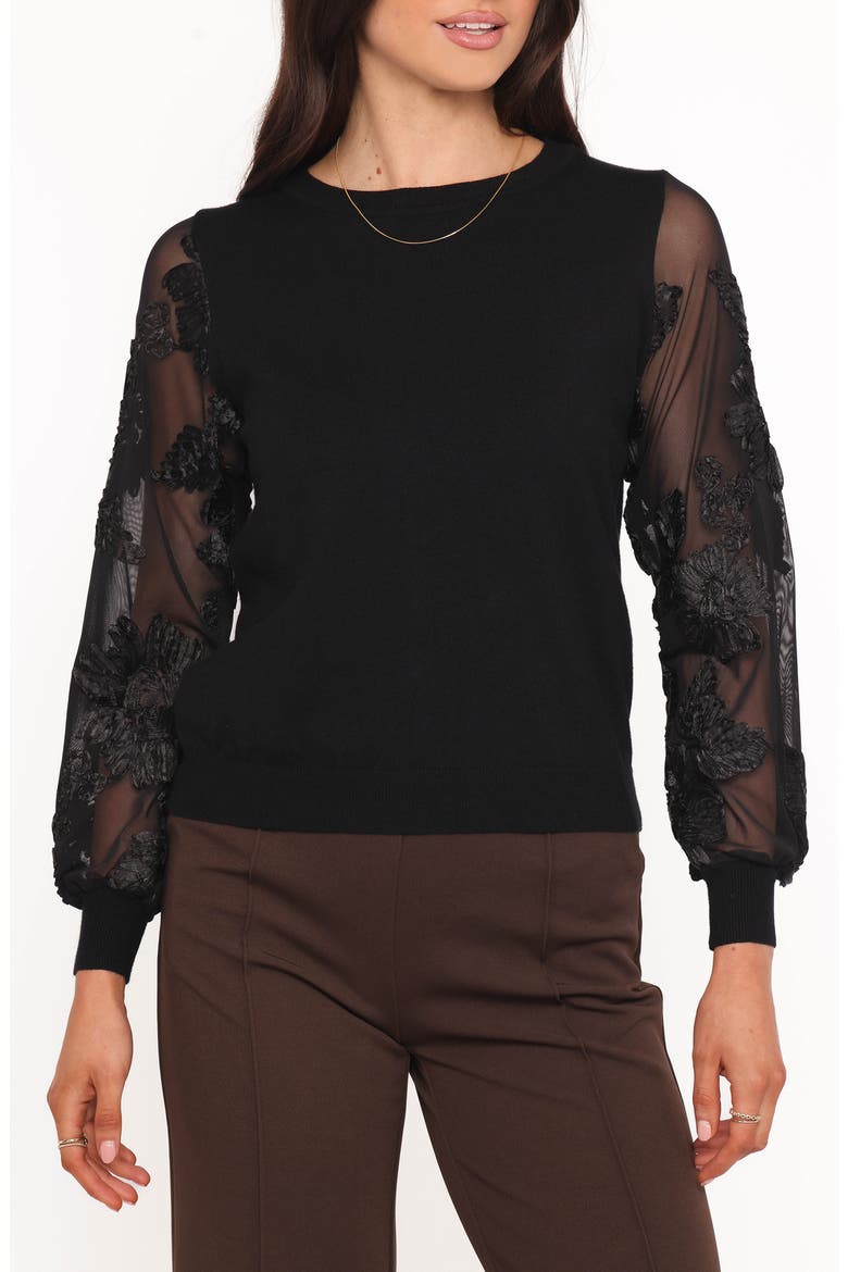 Cailin Sheer Sleeve Knit Top, Main, color, BLACK