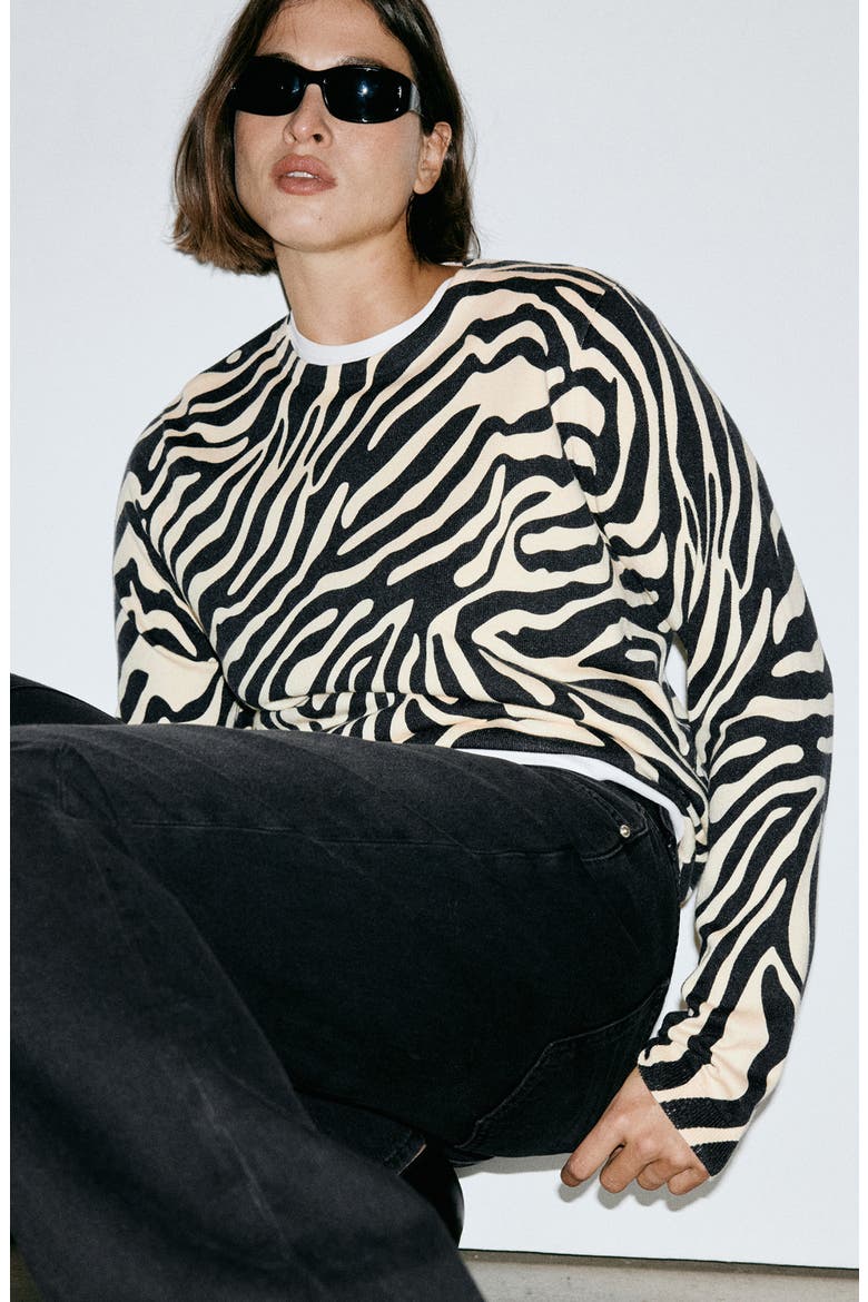 Zebra Crewneck Sweater, Alternate, color, BLACK