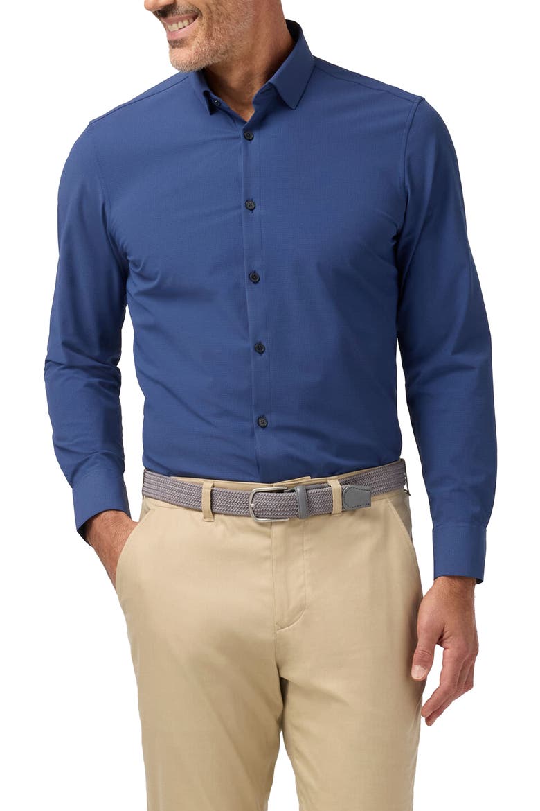Leeward Trim Fit Plaid Performance Button-Up Shirt, Main, color, MIDNIGHT NAVY LEVI PLAID