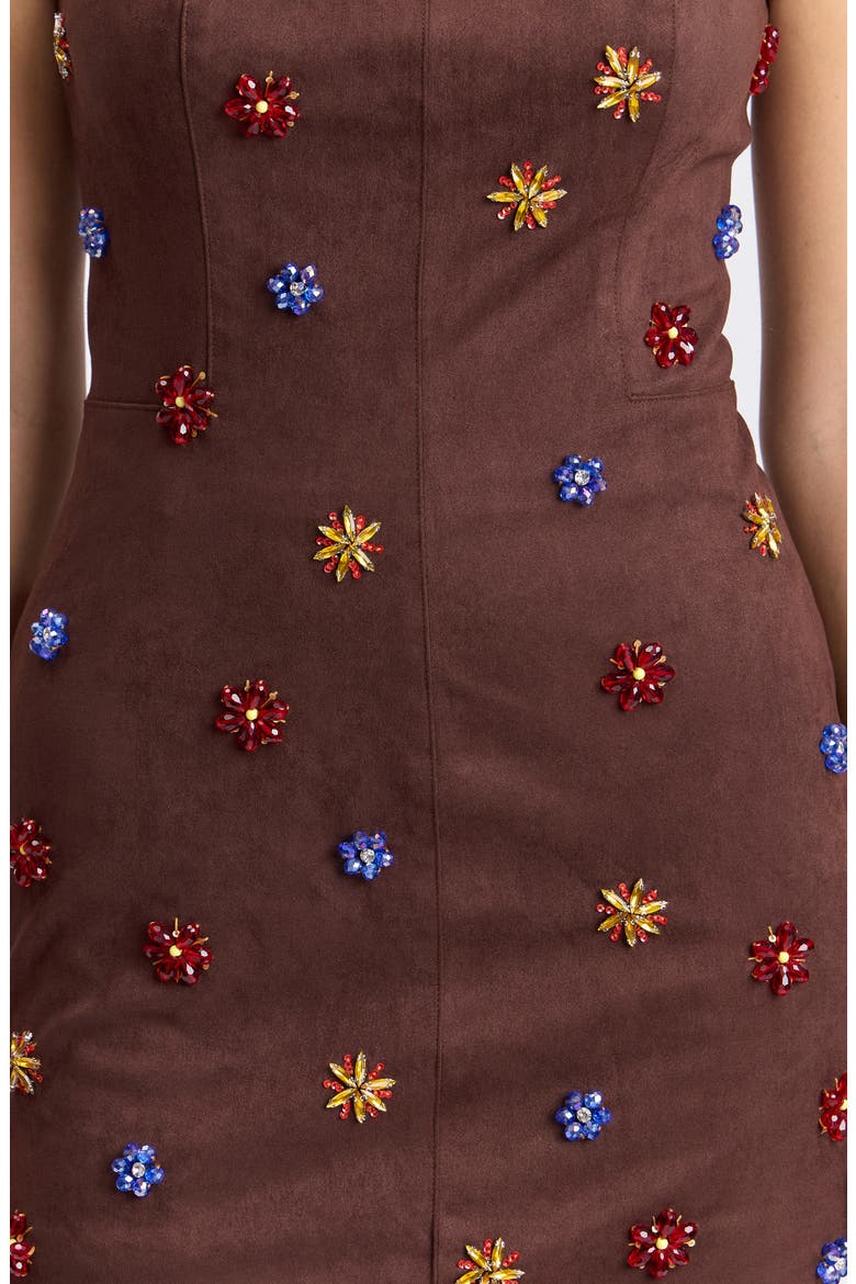 Gem Embellished Faux Suede Strapless Minidress, Alternate, color, MULTI GEM - CHOCOLAT