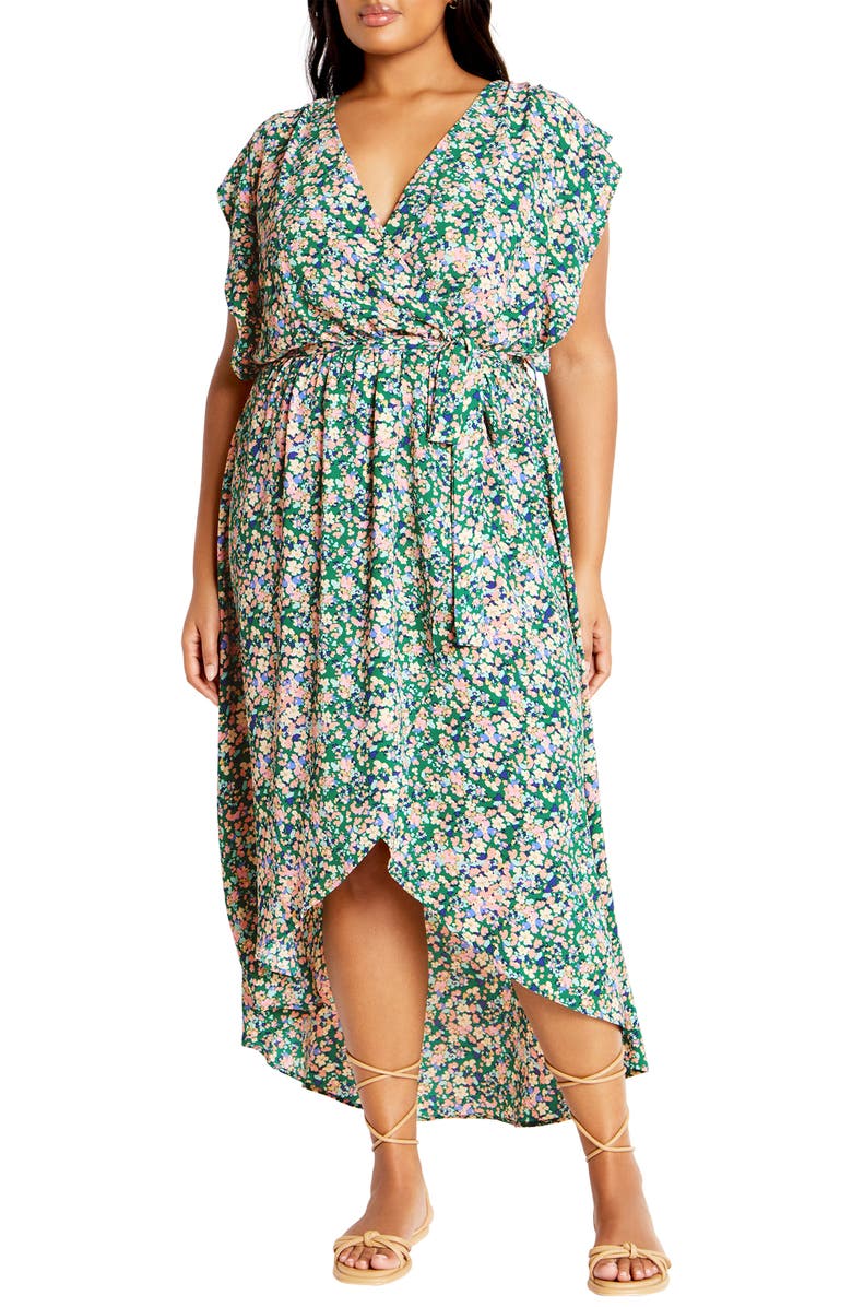 City Chic Ditsy Floral Wrap Front Maxi Dress, Main, color, 