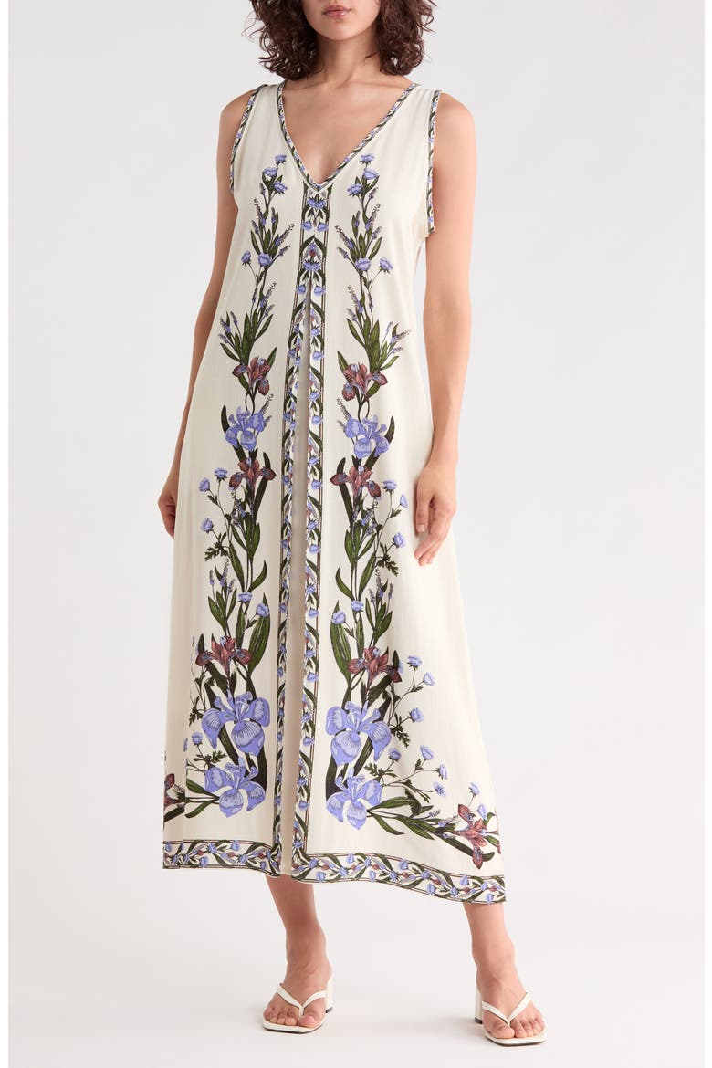 Border Print Sleeveless Maxi Dress, Main, color, ECPWIRSP-ECRU/PERIWINKLE IRIS SPIRES