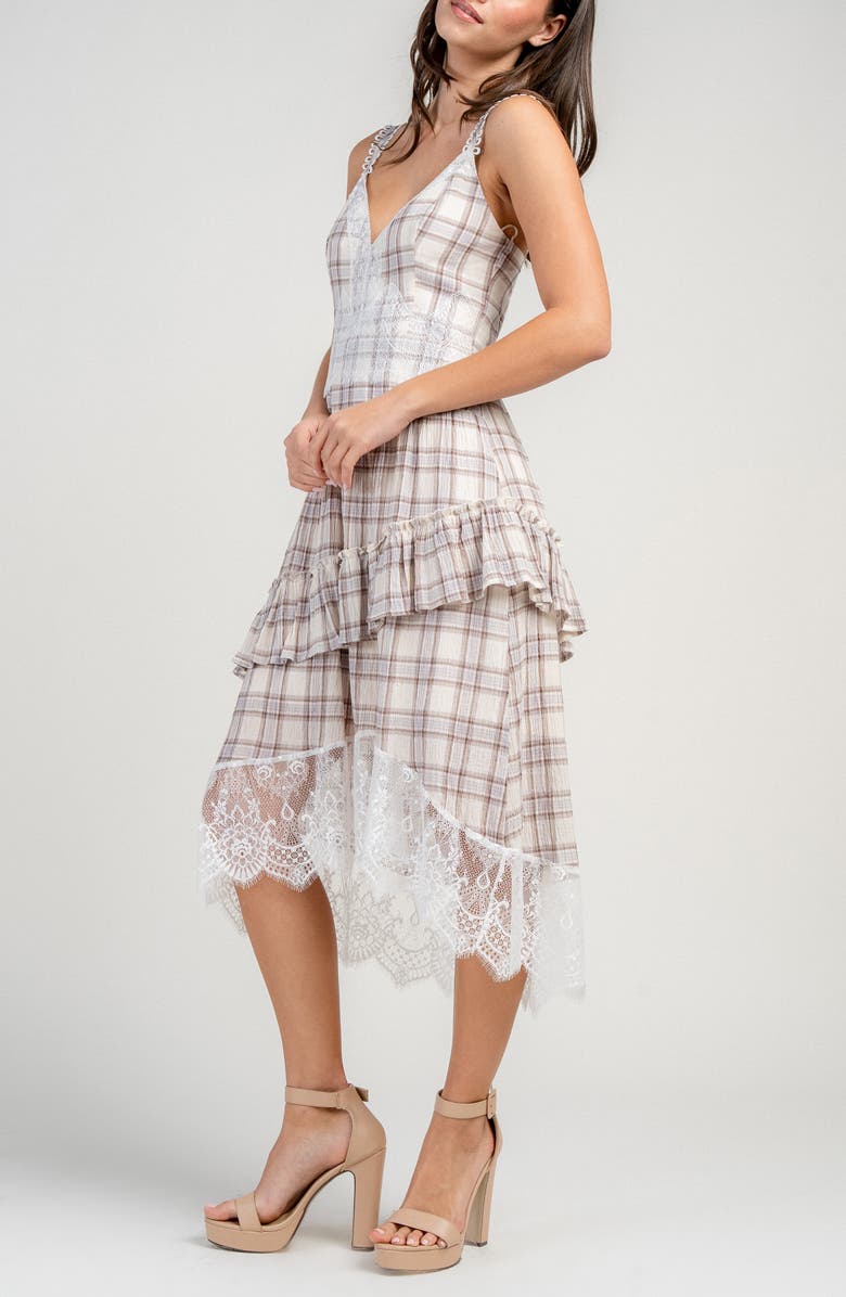 Beivy Plaid Lace Trim Asymmetric Hem Dress, Alternate, color, Brown/ Beige Multi
