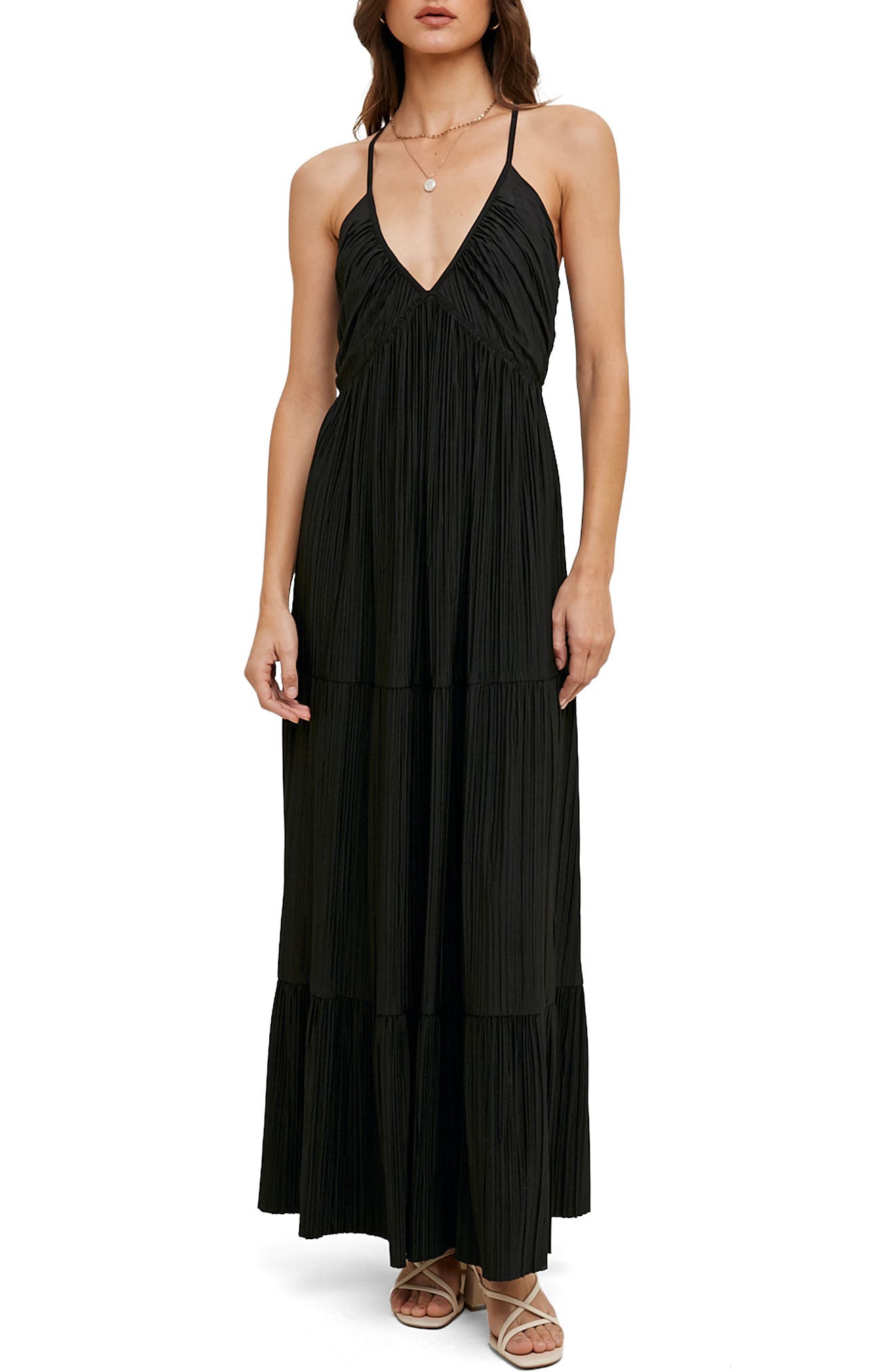 Pleated Satin Maxi Dress