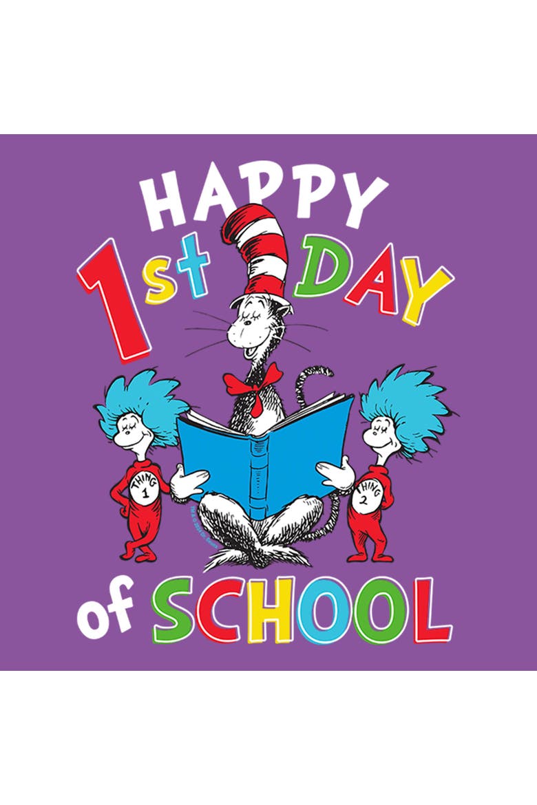 Girl's Dr. Seuss Happy First Day of School  Graphic T-Shirt, Alternate, color, Purple Berry