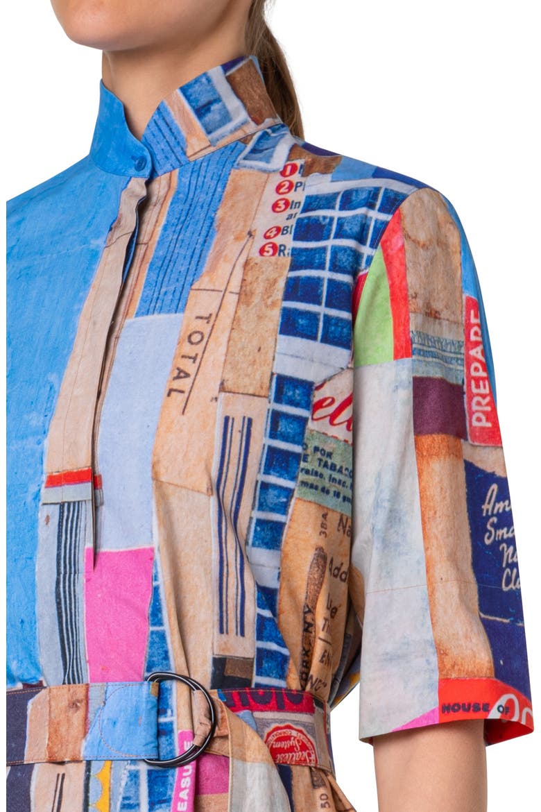 NYC Paper Collage Print Belted Cotton Poplin Shirtdress, Alternate, color, BLUE MULTI