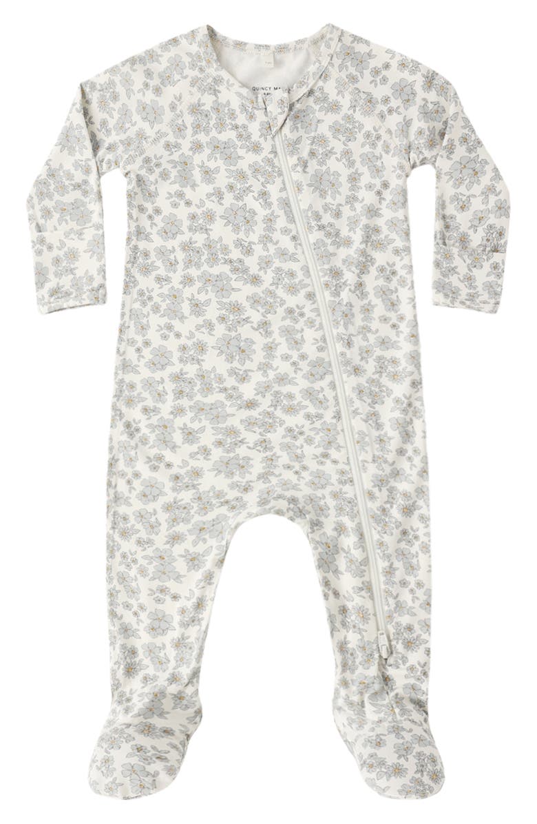 QUINCY MAE Blue Floral Zip Footie, Main, color, Ivory