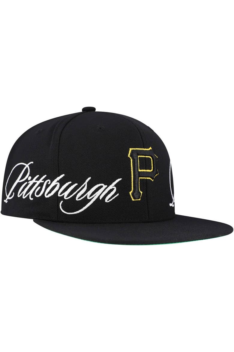 Men's Mitchell & Ness Black Pittsburgh Pirates Just Don x MLB Lux Script Snapback Hat, Alternate, color, Black