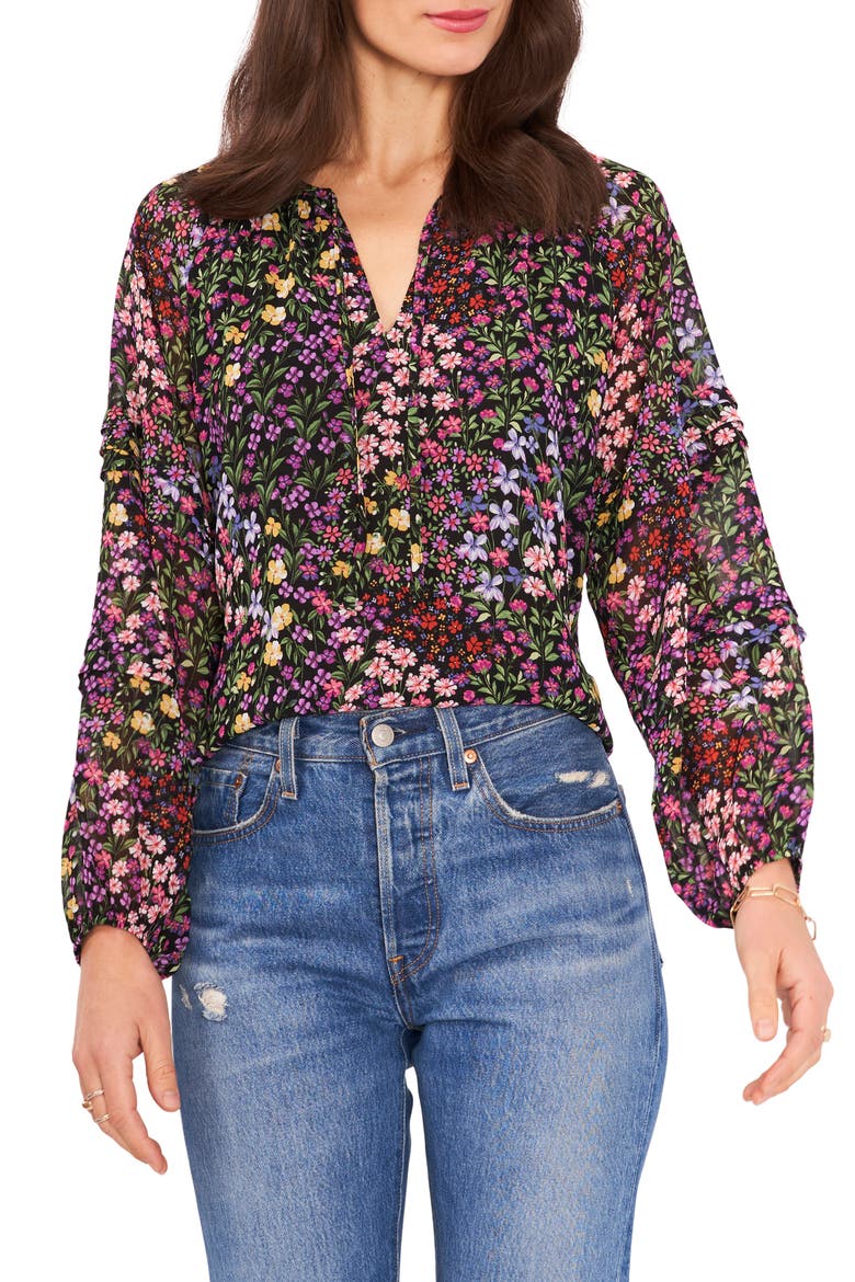 Mixed Floral Tie Neck Blouse, Main, color, DITSY PATCHES