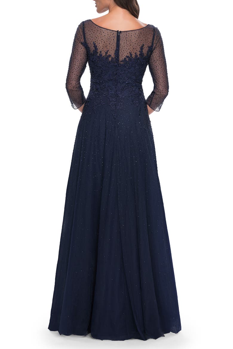 Rhinestone Embellished A-Line Tulle and Lace Evening Dress, Alternate, color, Navy