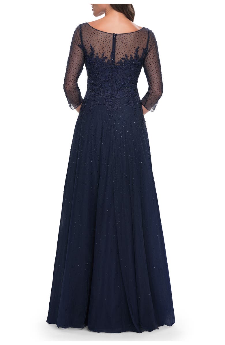 La Femme Rhinestone Embellished A-Line Tulle and Lace Evening Dress, Alternate, color, Navy