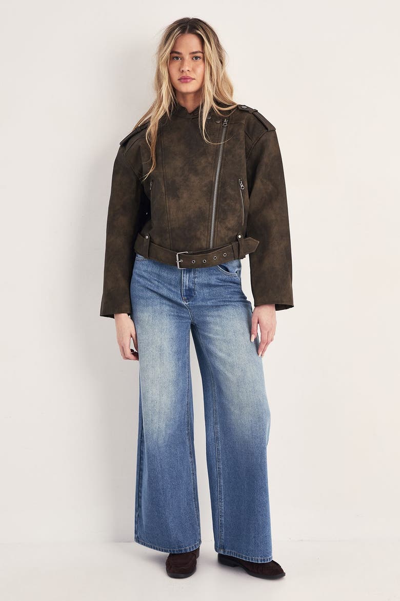 Cropped Biker Jacket, Alternate, color, Olive