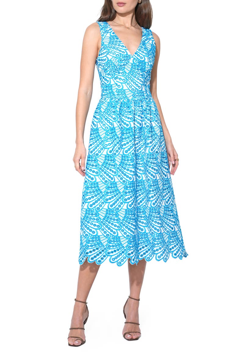 Joanna Basque Waist Midi Dress, Main, color, WHITE/ BLUE