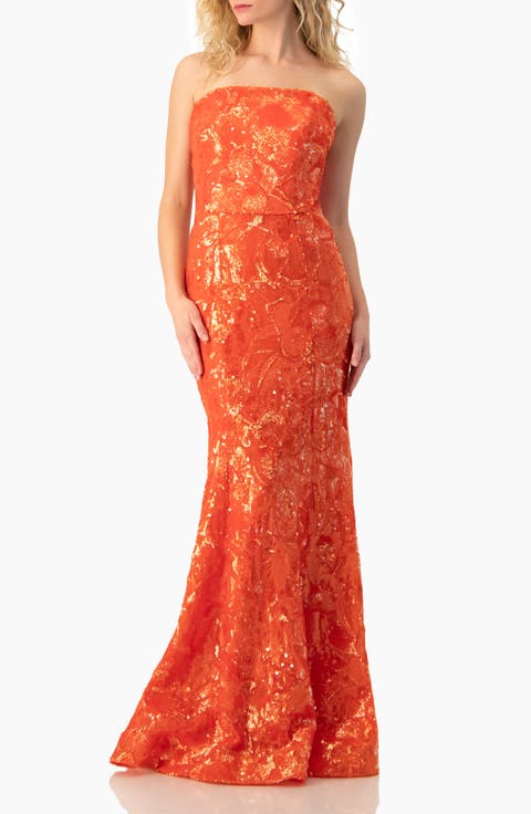 Strapless Sequin Floral Brocade Gown